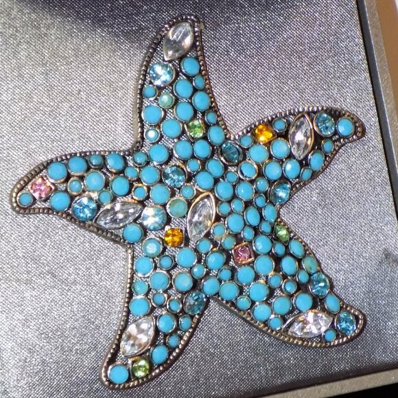 New Dillard's Starfish Statement Brooch  Openwork Turquoise Beads & Crystals - Picture 6 of 7